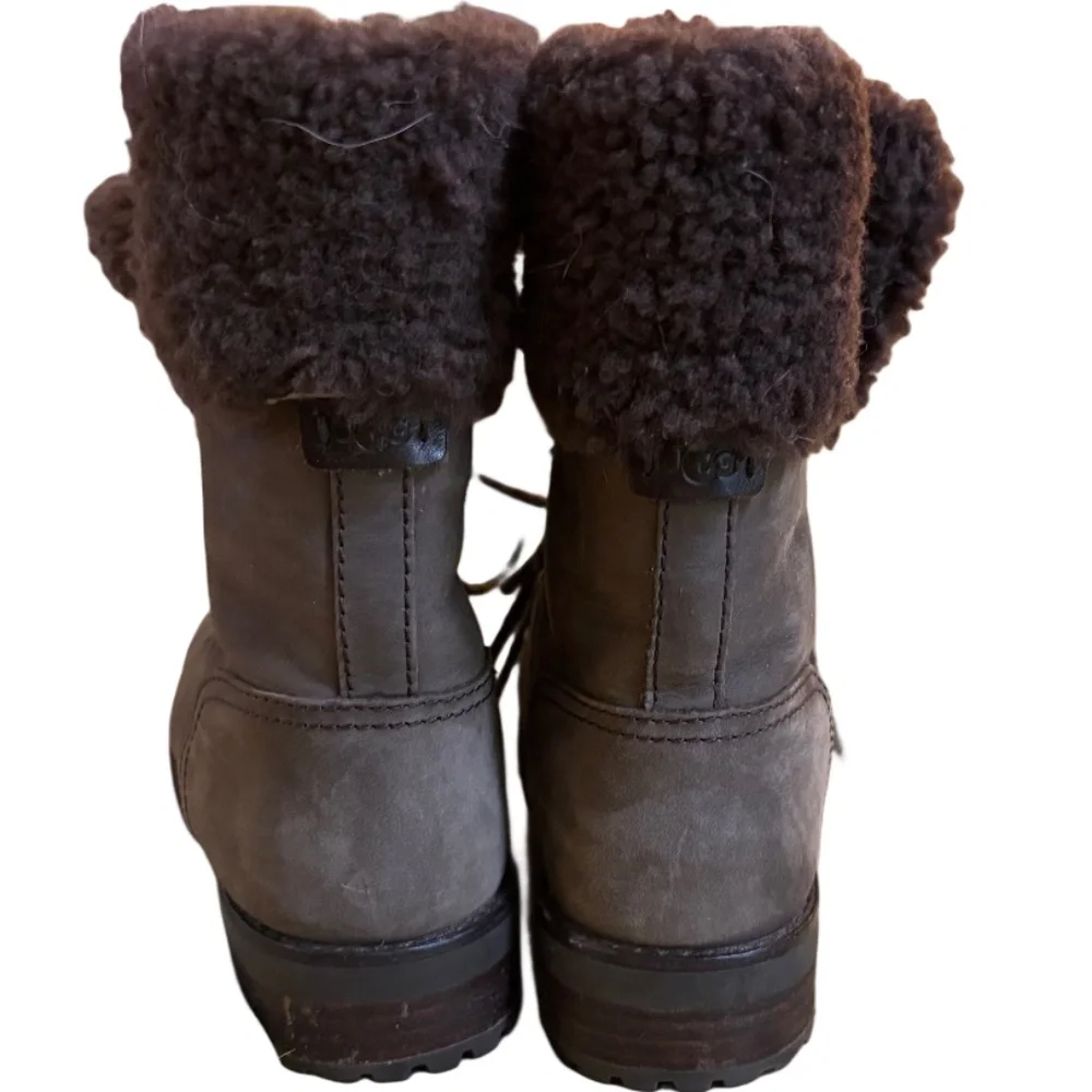 UGG Australia Brown Fraser Stout Shearling Combat Leather Lace-Up Winter Boots 7